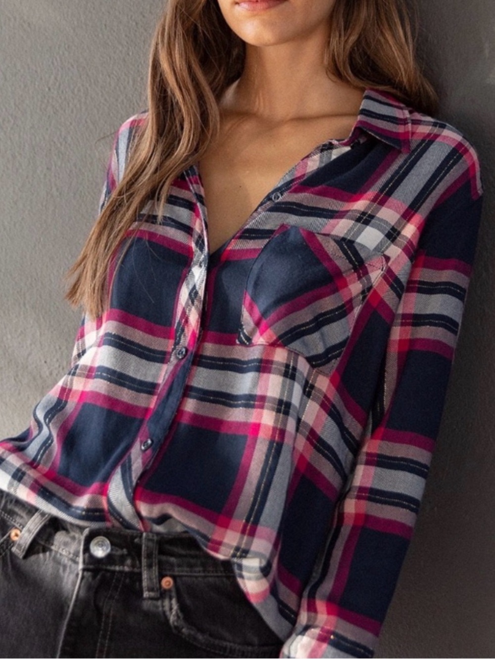 Rails Hunter Shirt M Fuchsia Pink Navy Plaid Metallic Rayon Button Up Womens